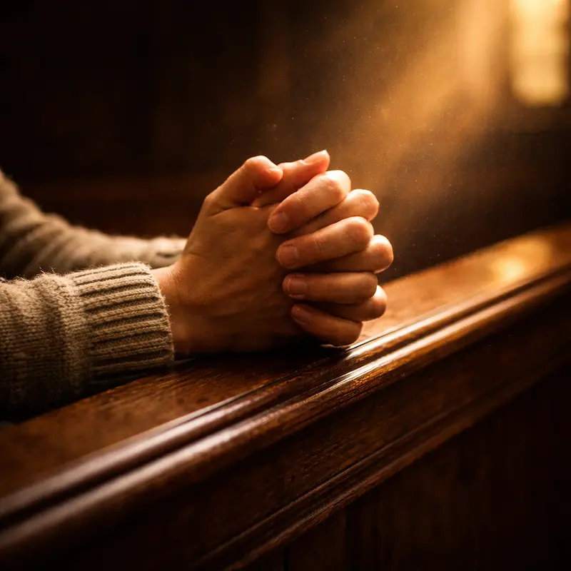 Manos entrelazadas en oración sobre una mesa con una vela, símbolo de la oración que alcanza a los difuntos