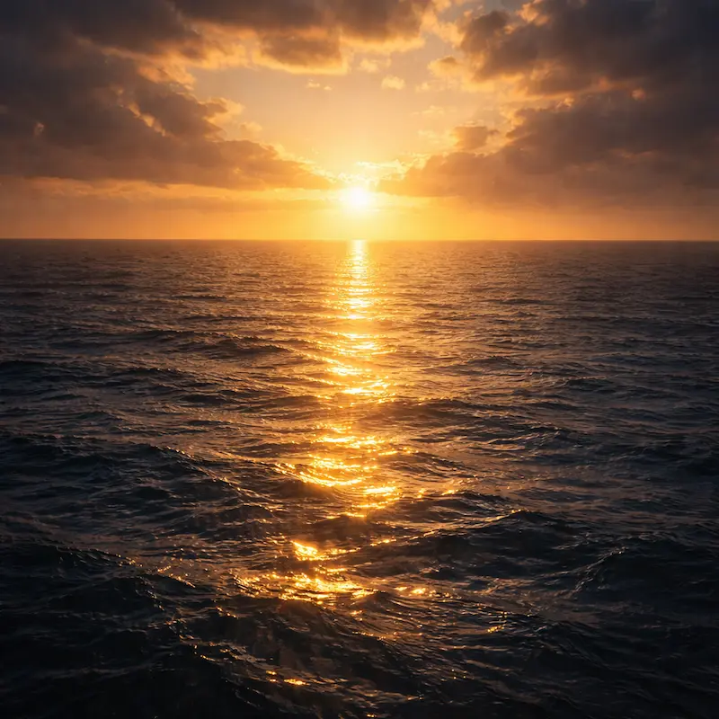Cielo dorado al atardecer con silueta de una cruz en el horizonte, símbolo de la gloria que espera al final del purgatorio
