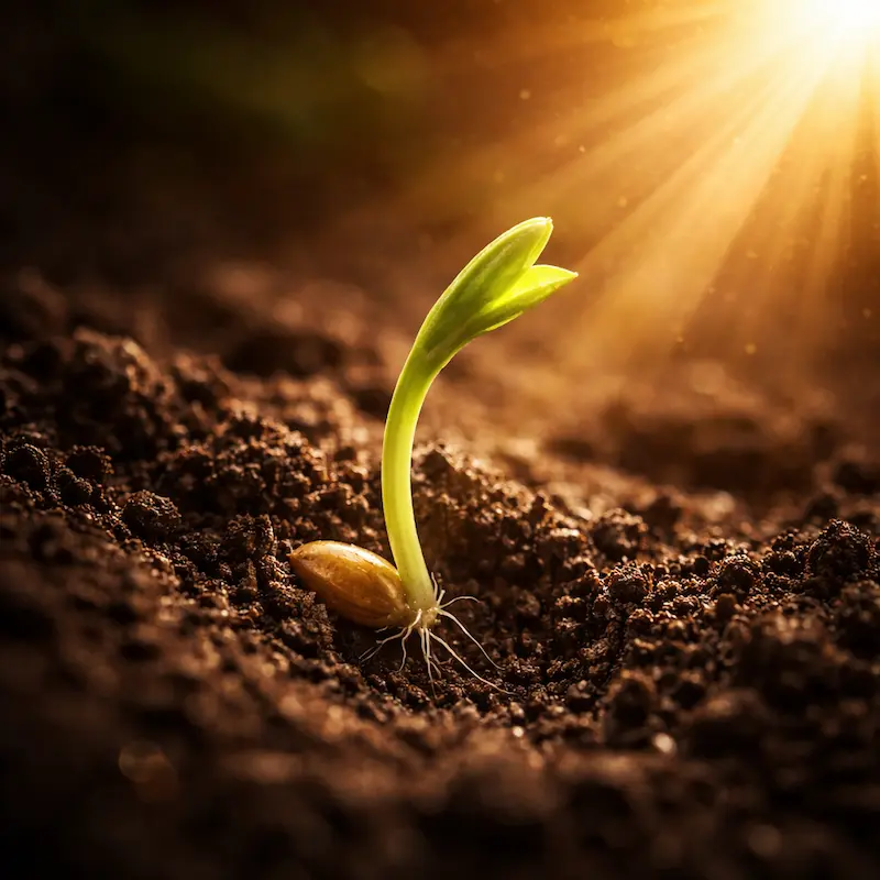 Semilla de trigo germinando en tierra oscura, imagen de la metáfora de San Pablo sobre la resurrección