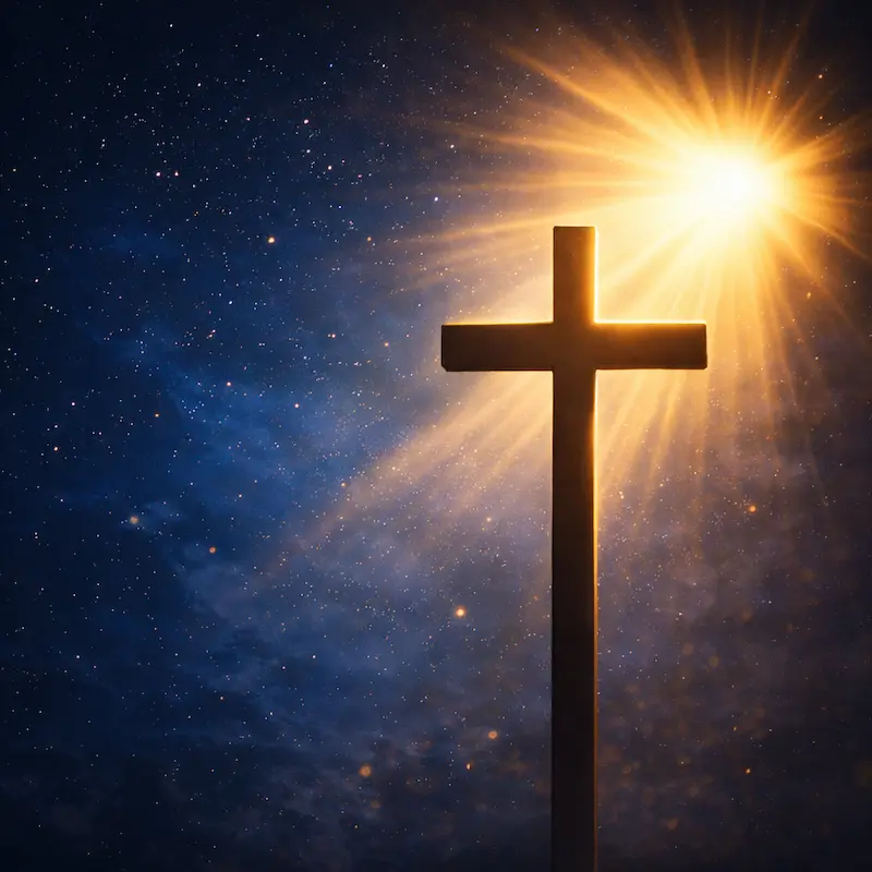 Cruz dorada sobre fondo de cielo azul profundo con nubes, símbolo de la fe que une a María con el misterio central del cristianismo