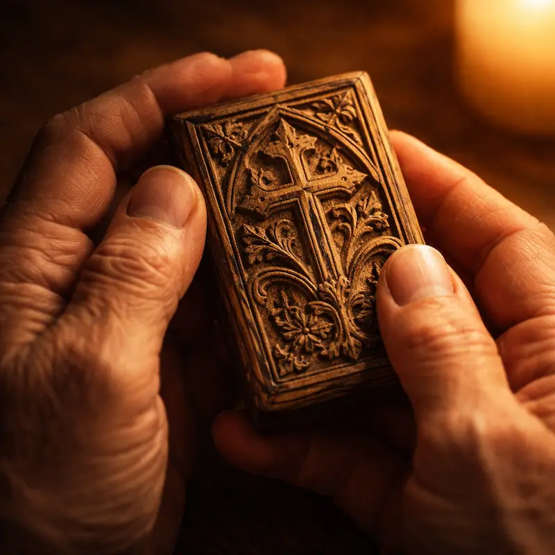 Manos de persona anciana tocando suavemente una imagen pequeña de madera, gesto de veneración no de adoración