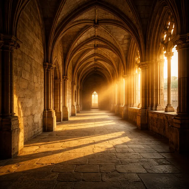 Luz del amanecer entrando por una ventana de piedra antigua, evocando la esperanza de la resurrección