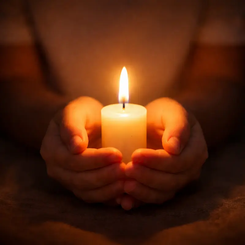 Manos jóvenes sosteniendo una vela encendida en la oscuridad, símbolo de la vida que ilumina aunque sea brevemente