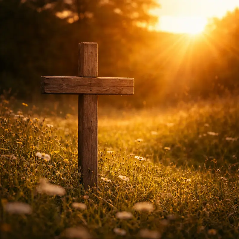 Cruz de madera sencilla en un cementerio con flores silvestres, símbolo del duelo que coexiste con la esperanza de la resurrección