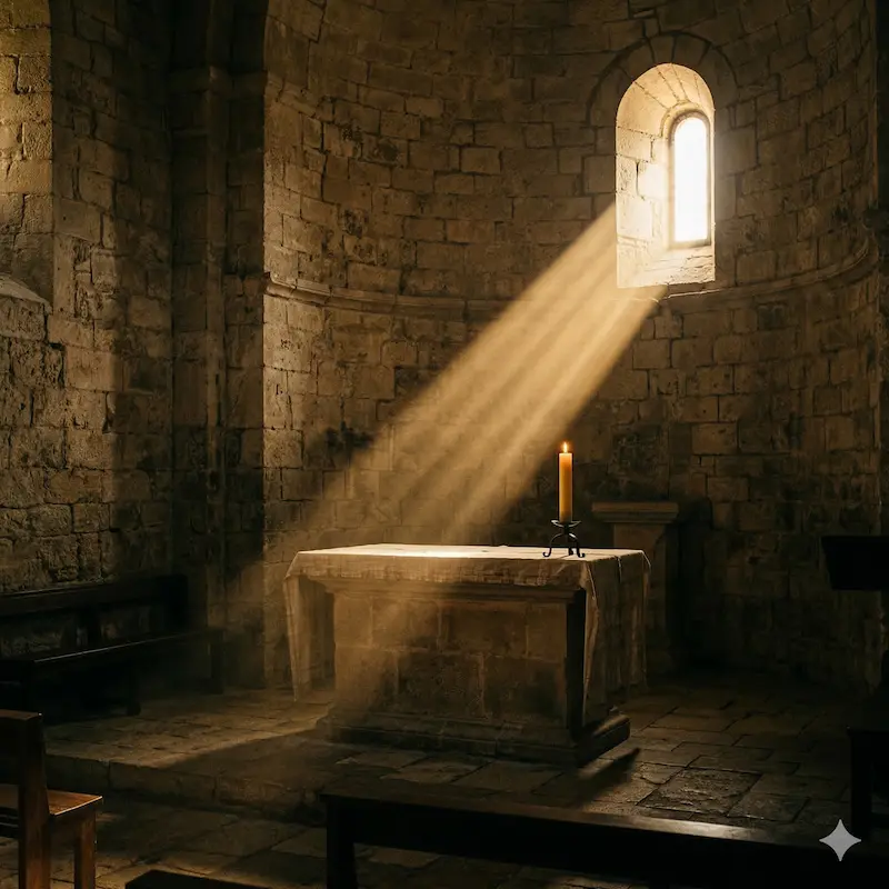 Luz entrando por una ventana de una capilla vacía, símbolo de la esperanza que persiste en el silencio