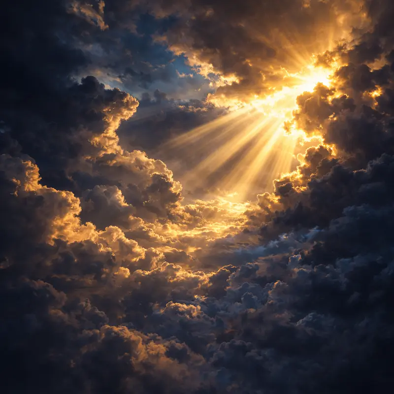 Cielo azul con rayos de luz dorada entre nubes, imagen de la gloria que contemplaron los apóstoles en la Ascensión