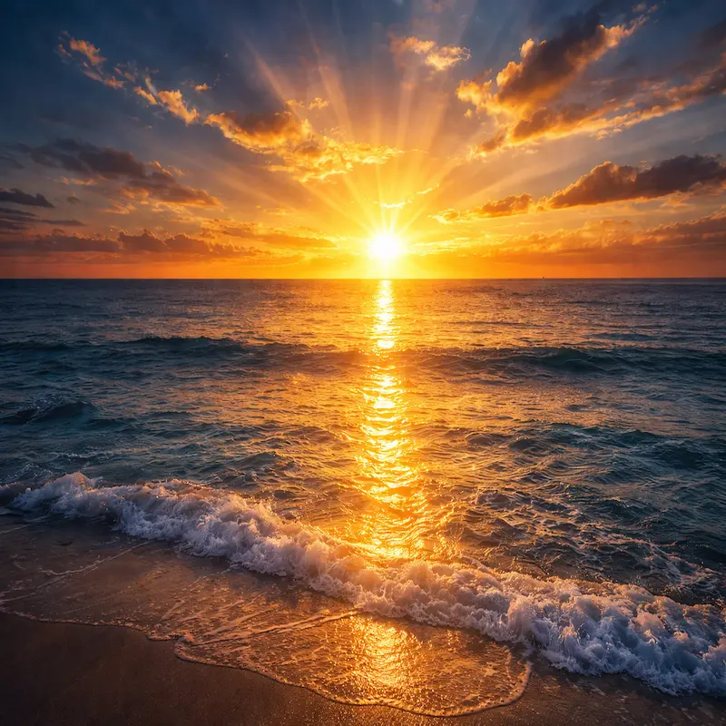 Amanecer sobre el horizonte del mar con colores dorados y celestes, imagen de la gloria prometida en el Apocalipsis