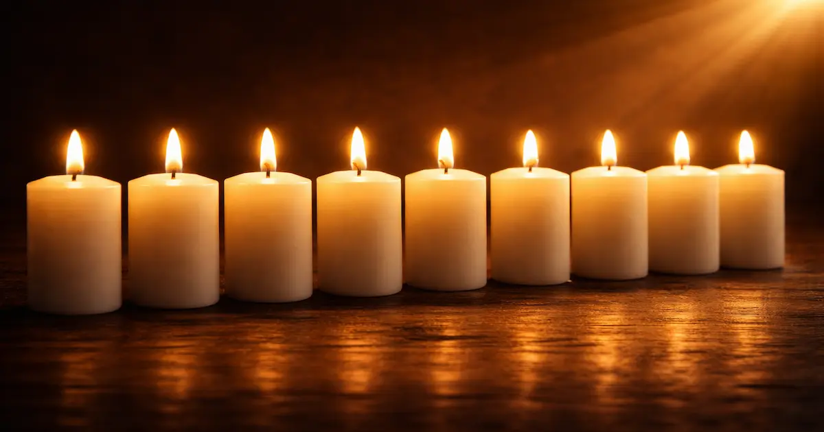 Nueve velas encendidas en fila sobre superficie oscura, símbolo de los nueve días de oración por los difuntos