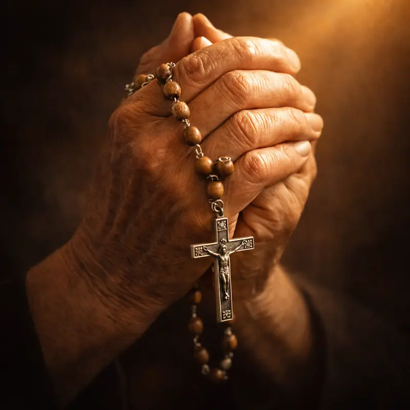 Manos de persona mayor sosteniendo un rosario frente a una vela encendida en la oscuridad